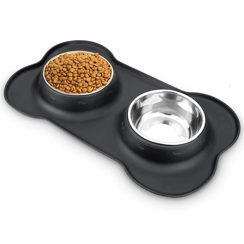Anti-Slip Double Dog Bowl with Stainless Steel Inserts and Mat
