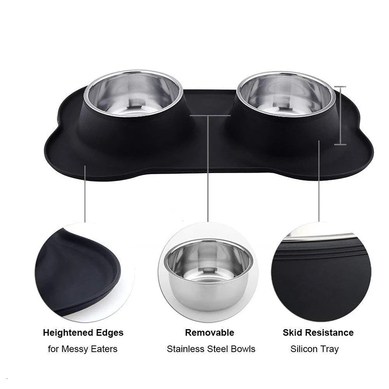 Anti-Slip Double Dog Bowl with Stainless Steel Inserts and Mat