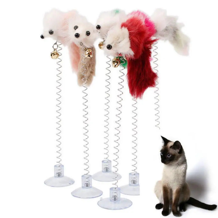 Feather Spring Cat Teaser Toy With Suction Cup - Bell Mouse Play Wand