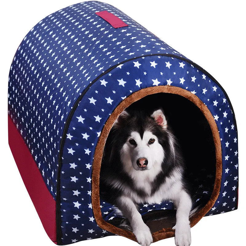 Star Print Foldable Pet House - Warm Dog & Cat Kennel Bed