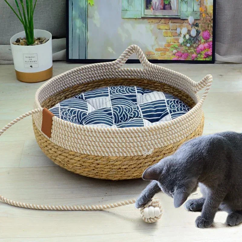 Woven Summer Cat Bed - Breathable Bamboo Sleeping House