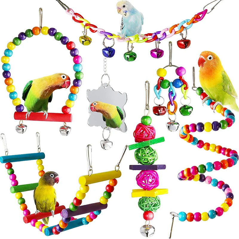 7-Piece Wooden Parrot Toy Set with Swing and Bells