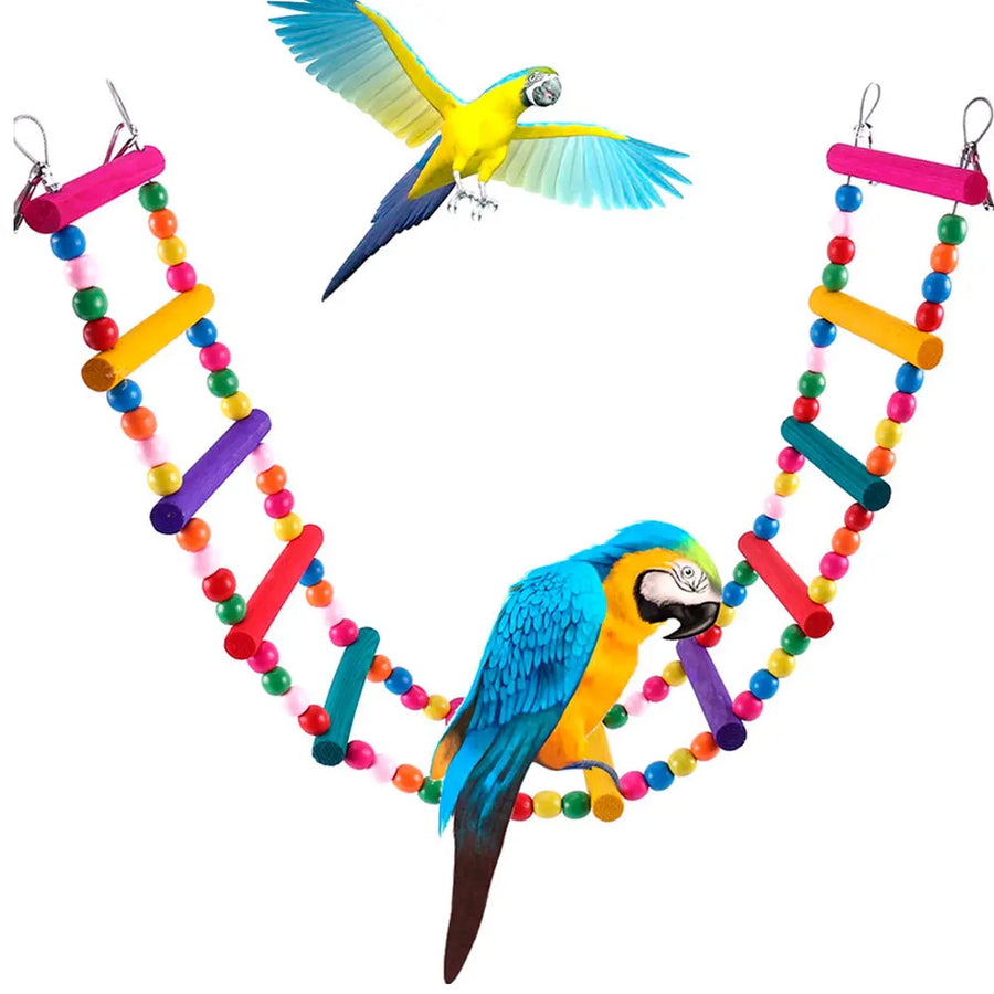 12-Step Colorful Wooden Bird Ladder and Bridge Swing