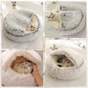 Soft Plush Covered Cat Bed - Round Warm Cave for Small Pets