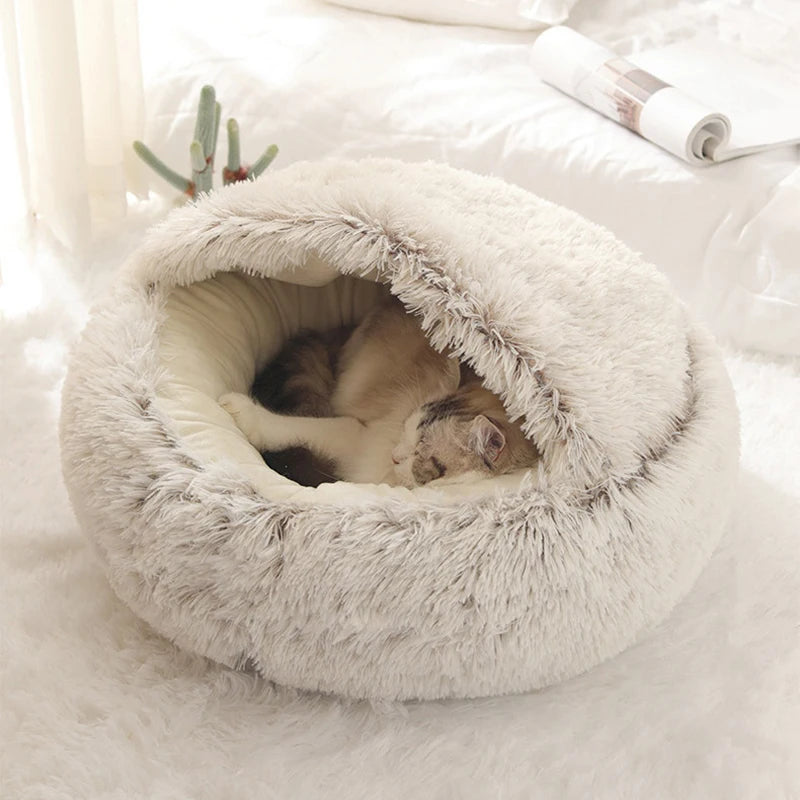 Soft Plush Covered Cat Bed - Round Warm Cave for Small Pets
