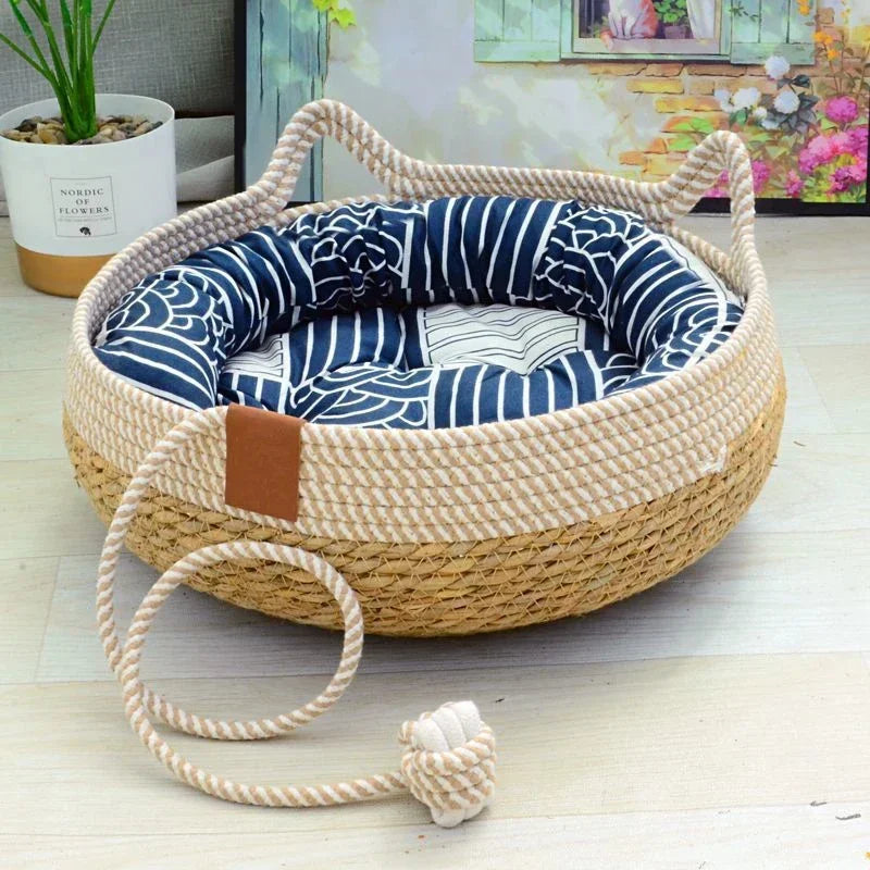 Woven Summer Cat Bed - Breathable Bamboo Sleeping House