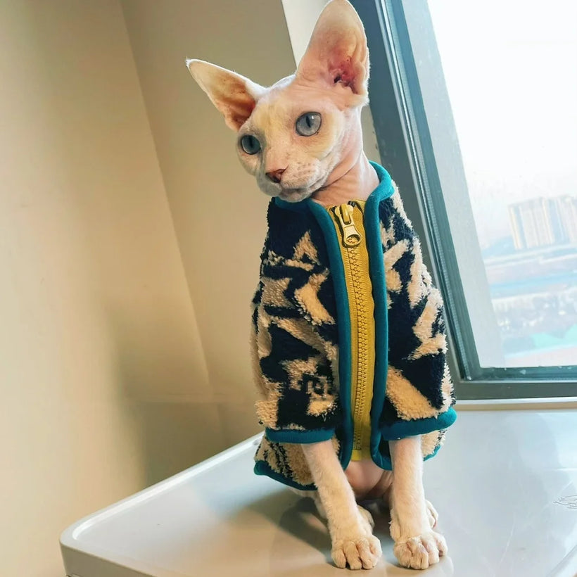 Green Velvet Sphynx Cat Sweater - Warm Zipper Jacket for Devon Rex