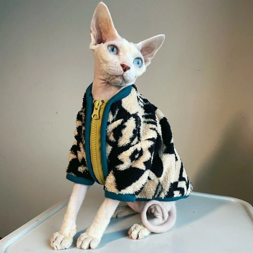 Green Velvet Sphynx Cat Sweater - Warm Zipper Jacket for Devon Rex