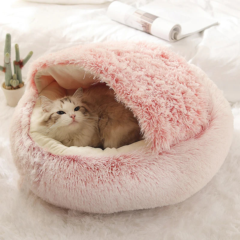 Soft Plush Covered Cat Bed - Round Warm Cave for Small Pets