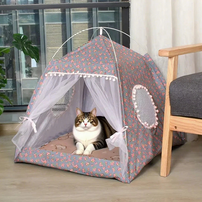Semi-Enclosed Flower Cat Tent Bed - All-Season Pet Nest