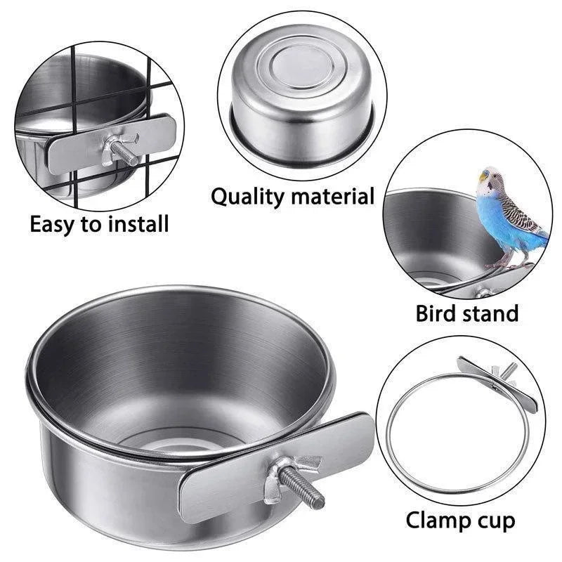 Stainless Steel Parrot Food and Water Cup with Clamp